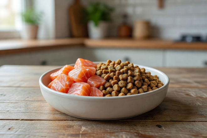 Balanced cat food bowl with natural salmon and dietary kibble