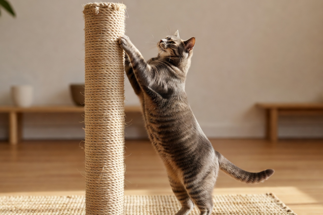 Cat stretching upright against a natural woven sisal post