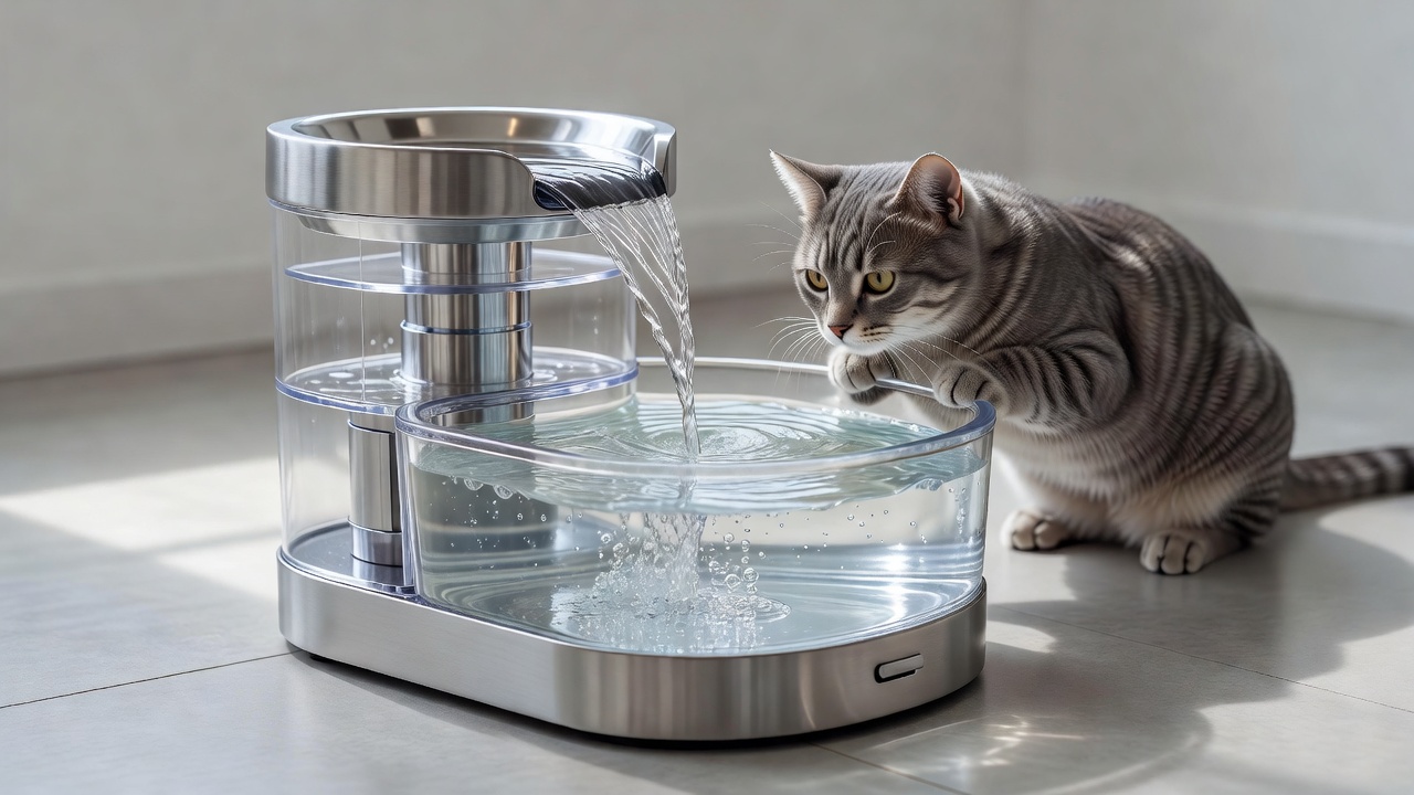 Clean circulating water fountain for cats showing filtered flow