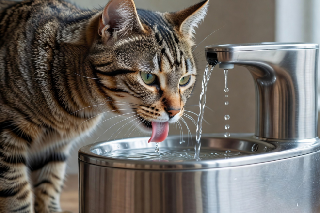 Close-up of cat drinking clean water from an automatic stainless steel pet fountain
