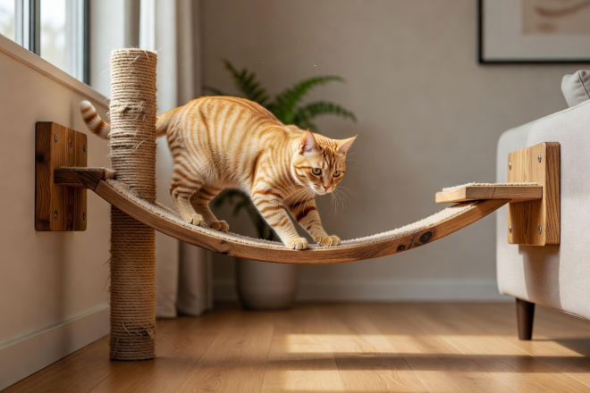 Curious cat navigating a wall mounted timber bridge and scratching post