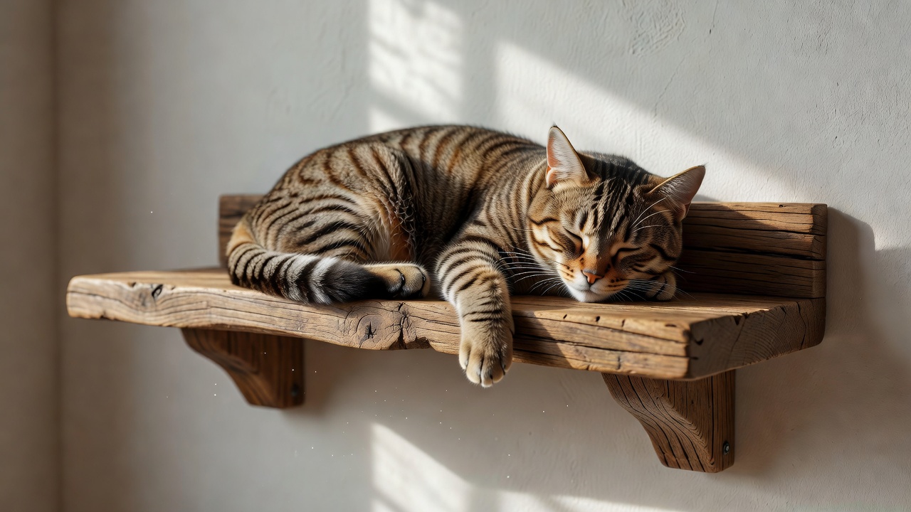 Domestic cat lounging on a customized wall mounted architectural timber shelf