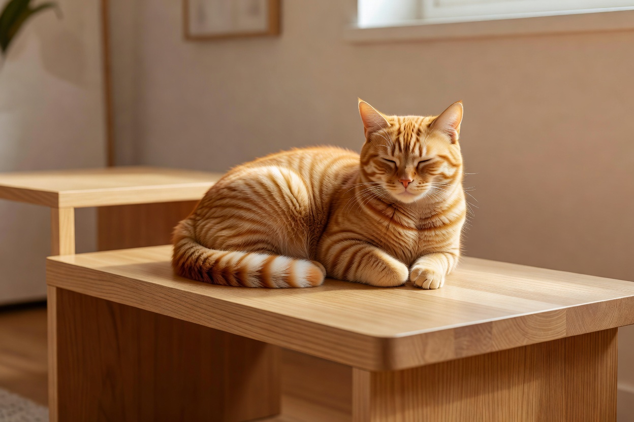 Domestic ginger cat resting comfortably on modern wooden interior furniture