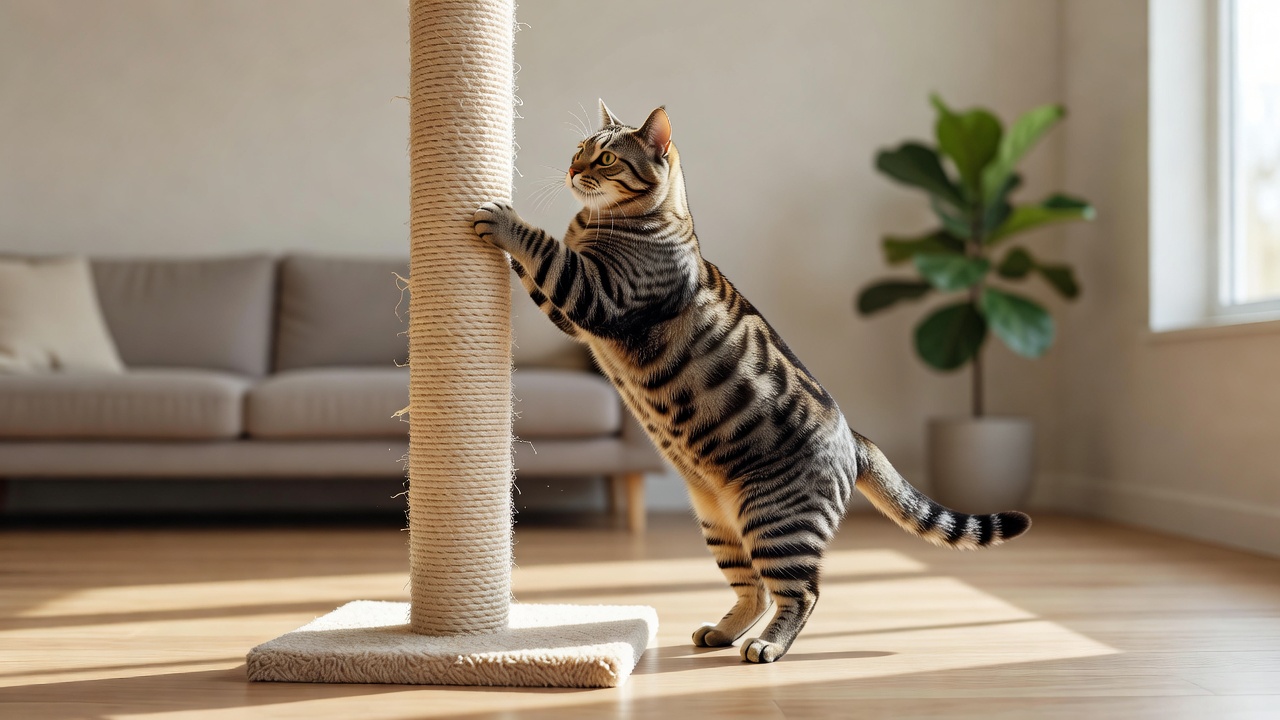 Short haired tabby cat using a vertical scratching post in a brightly lit room